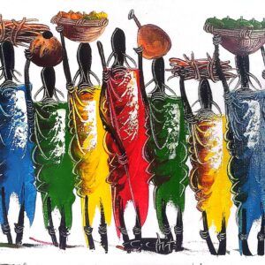 African traditional painting Maasai life - colorful and village life