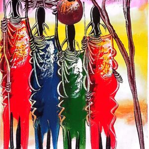 African Maasai village life colorful traditional painting