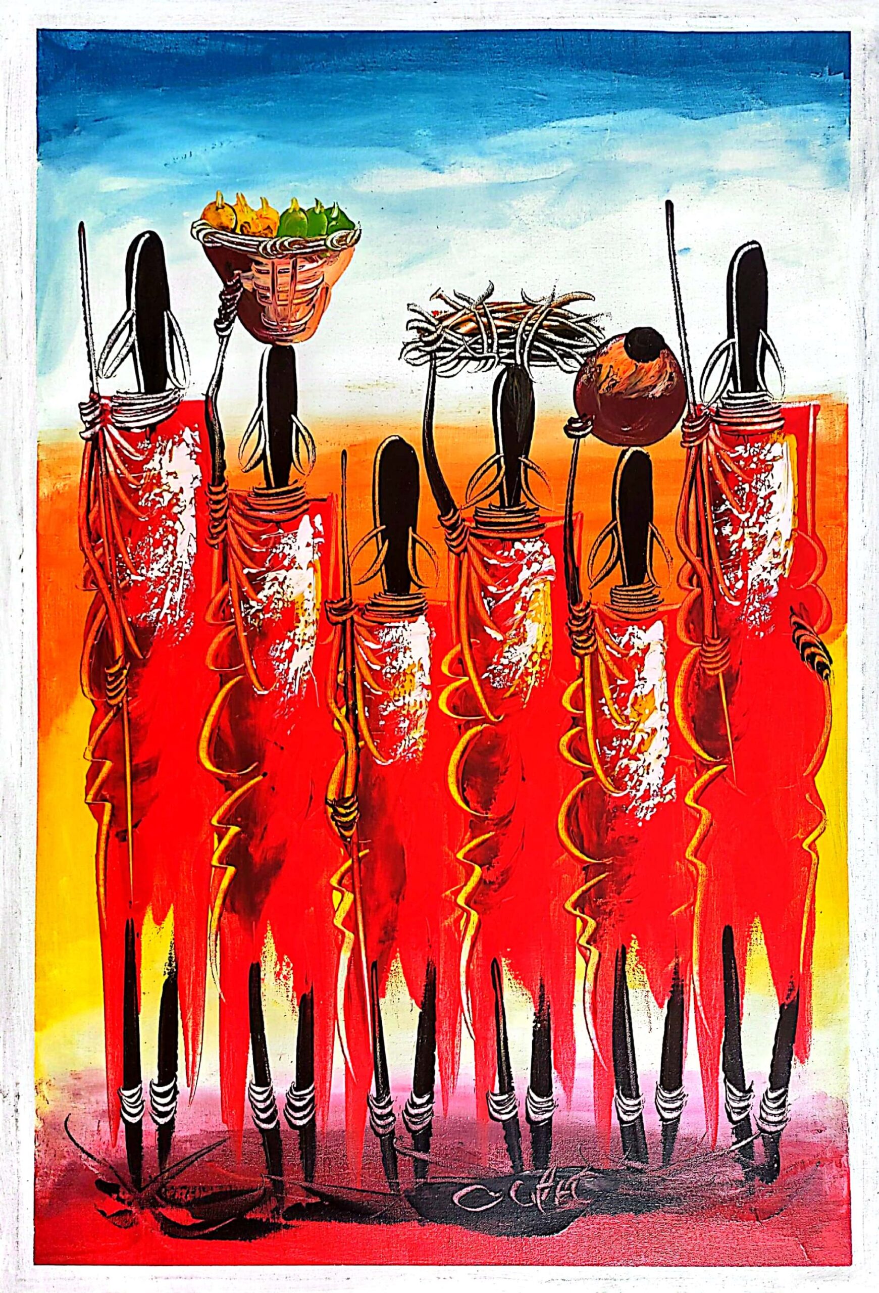 African Maasai village life - colorful traditional painting