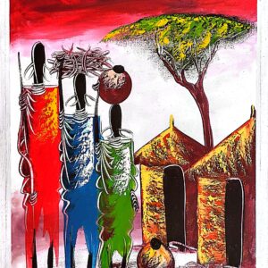 African Maasai village life- colorful traditional painting