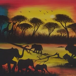 African Wildlife Sunset – Hand-Painted Silhouette Scene